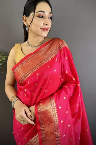 magenta pink soft lichi silk blend butti meenakari work paithani saree