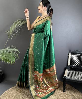 green soft lichi silk blend butti meenakari work paithani saree 2