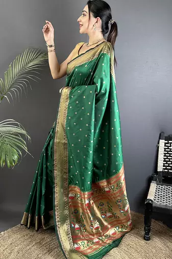 green soft lichi silk blend butti meenakari work paithani saree