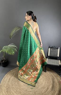 green soft lichi silk blend butti meenakari work paithani saree 3