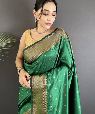 green soft lichi silk blend butti meenakari work paithani saree 4