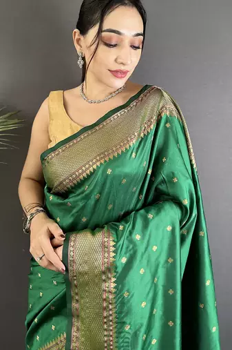 green soft lichi silk blend butti meenakari work paithani saree