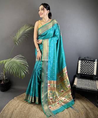 teal soft lichi silk blend butti meenakari work paithani saree 1