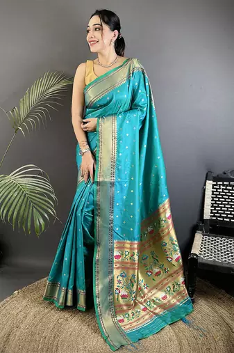 teal soft lichi silk blend butti meenakari work paithani saree