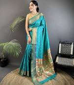 teal soft lichi silk blend butti meenakari work paithani saree