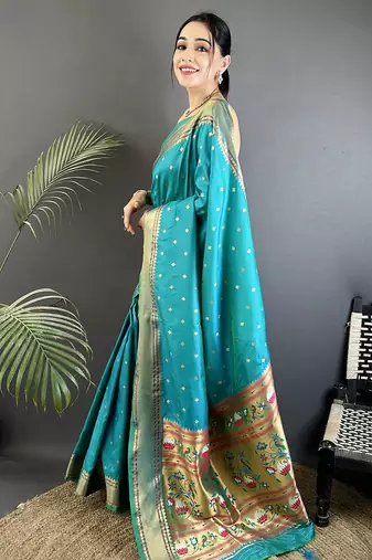 teal soft lichi silk blend butti meenakari work paithani saree