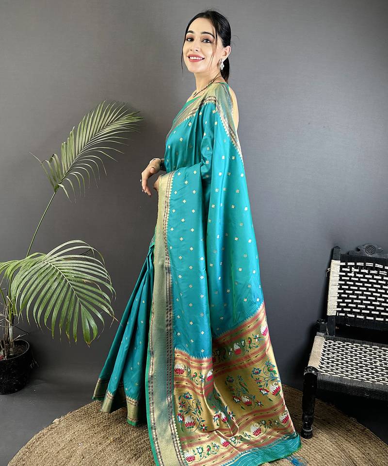 teal soft lichi silk blend butti meenakari work paithani saree