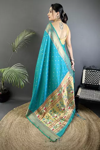 teal soft lichi silk blend butti meenakari work paithani saree