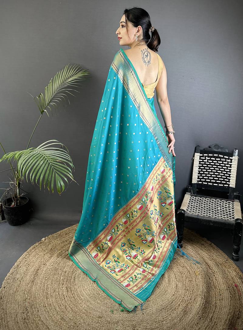 teal soft lichi silk blend butti meenakari work paithani saree