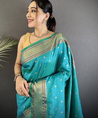 teal soft lichi silk blend butti meenakari work paithani saree 4