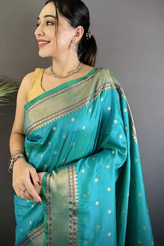 teal soft lichi silk blend butti meenakari work paithani saree