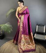 wine soft lichi silk blend butti meenakari work paithani saree