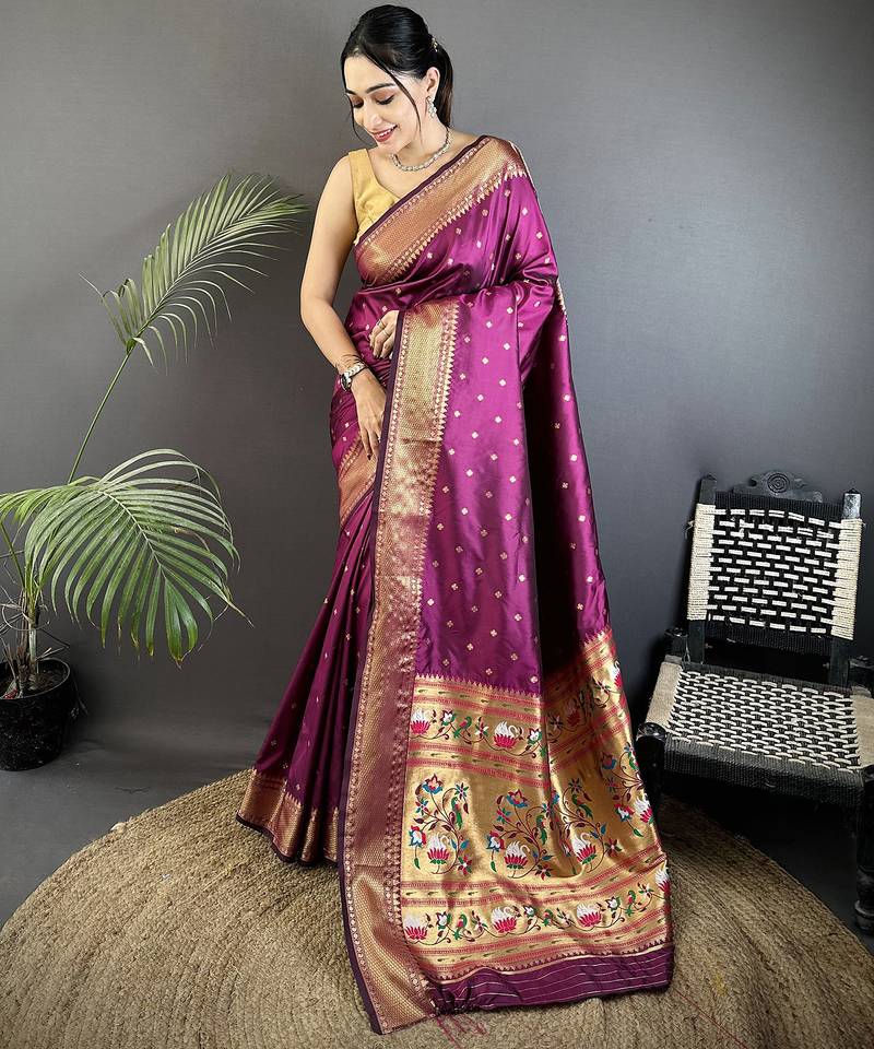 wine soft lichi silk blend butti meenakari work paithani saree
