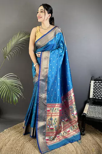 blue soft lichi silk blend butti meenakari work paithani saree