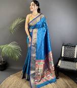 blue soft lichi silk blend butti meenakari work paithani saree