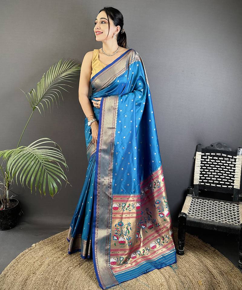 blue soft lichi silk blend butti meenakari work paithani saree