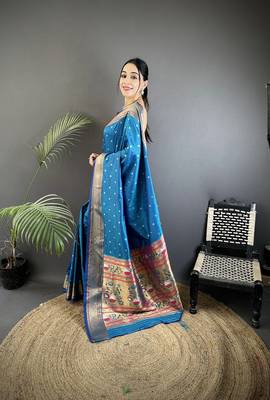 blue soft lichi silk blend butti meenakari work paithani saree 2