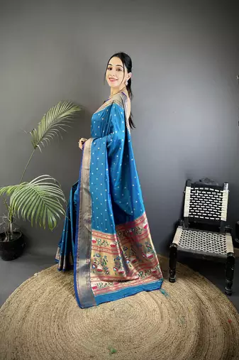 blue soft lichi silk blend butti meenakari work paithani saree