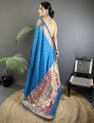 blue soft lichi silk blend butti meenakari work paithani saree 3