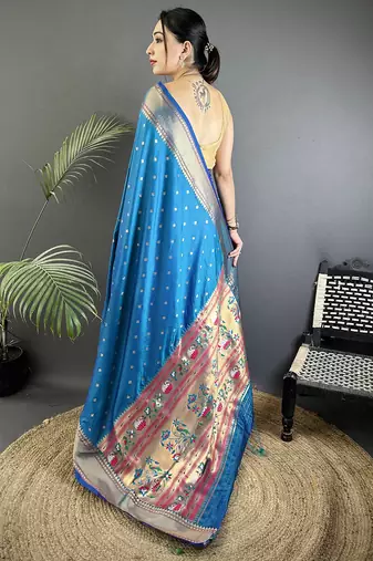 blue soft lichi silk blend butti meenakari work paithani saree