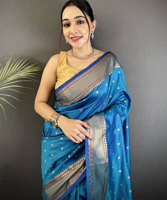blue soft lichi silk blend butti meenakari work paithani saree 4