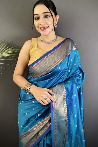 blue soft lichi silk blend butti meenakari work paithani saree