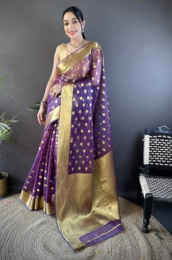 elora purple organza silk blend polka dot zari weaving banarasi saree