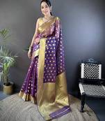 elora purple organza silk blend polka dot zari weaving banarasi saree