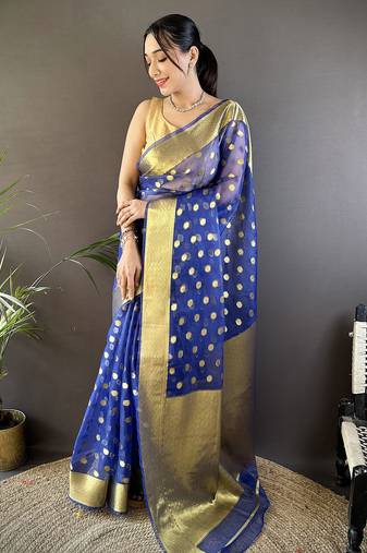 elora royal blue organza silk blend polka dot zari weaving banarasi saree