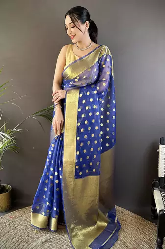 elora royal blue organza silk blend polka dot zari weaving banarasi saree