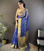elora royal blue organza silk blend polka dot zari weaving banarasi saree