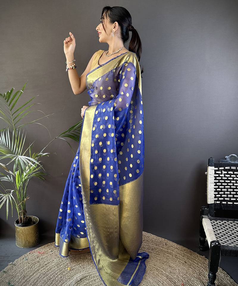 elora royal blue organza silk blend polka dot zari weaving banarasi saree