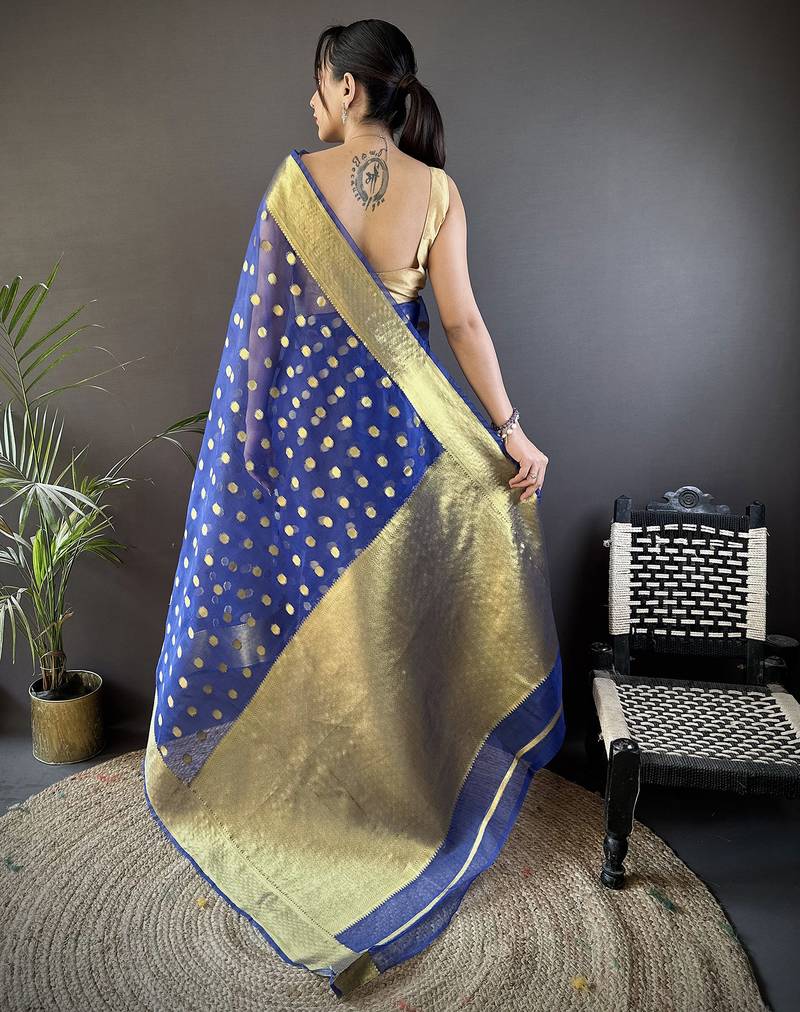 elora royal blue organza silk blend polka dot zari weaving banarasi saree