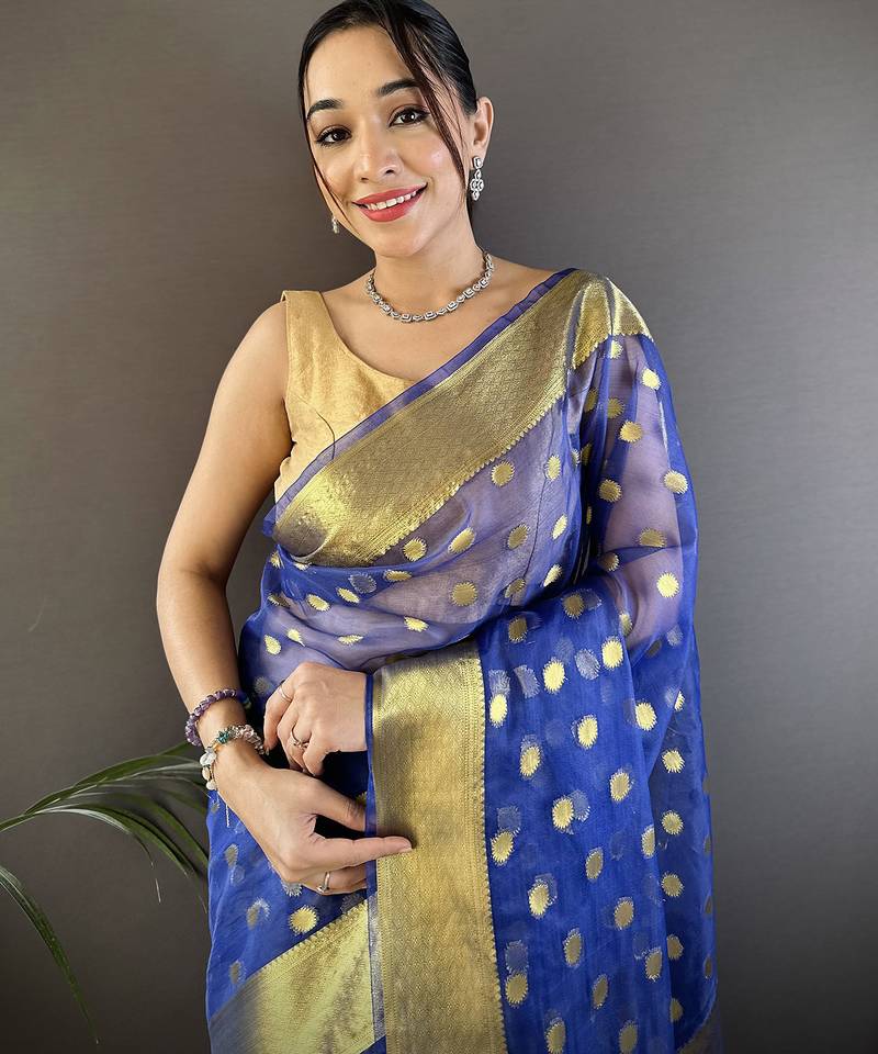 elora royal blue organza silk blend polka dot zari weaving banarasi saree