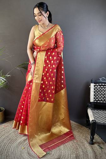 elora red organza silk blend polka dot zari weaving banarasi saree