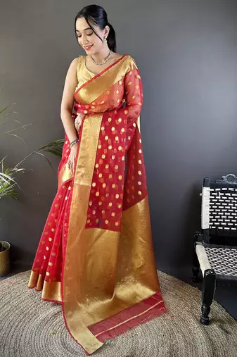 elora red organza silk blend polka dot zari weaving banarasi saree
