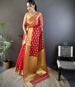 elora red organza silk blend polka dot zari weaving banarasi saree