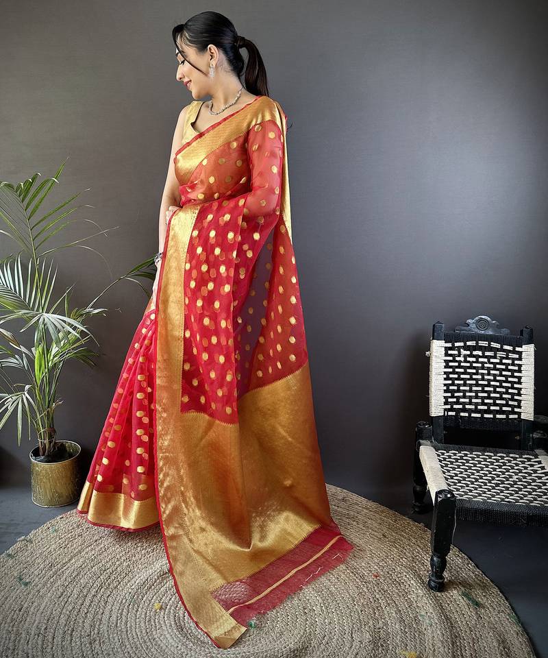 elora red organza silk blend polka dot zari weaving banarasi saree