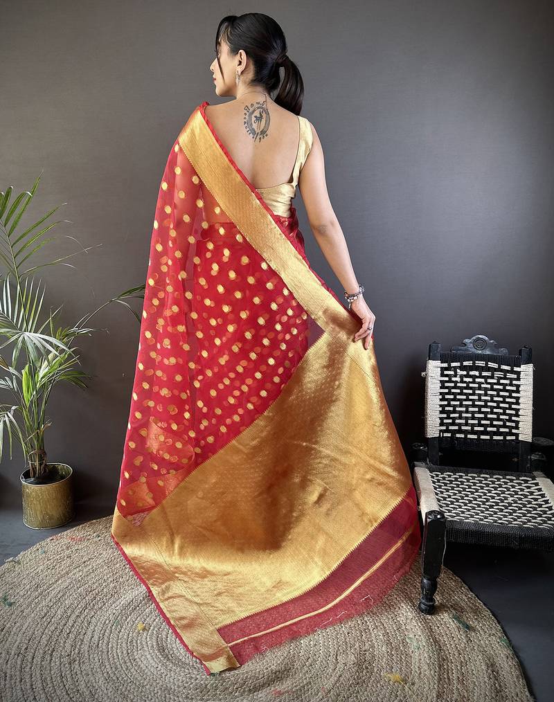 elora red organza silk blend polka dot zari weaving banarasi saree