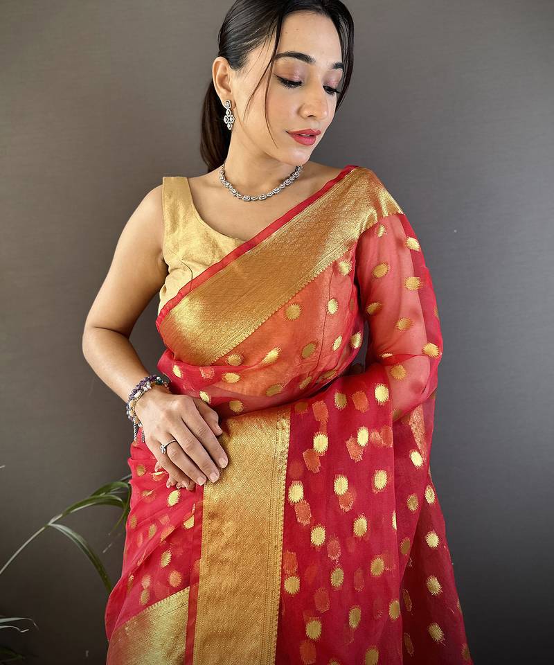 elora red organza silk blend polka dot zari weaving banarasi saree