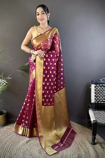 elora magenta organza silk blend polka dot zari weaving banarasi saree