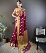 elora magenta organza silk blend polka dot zari weaving banarasi saree