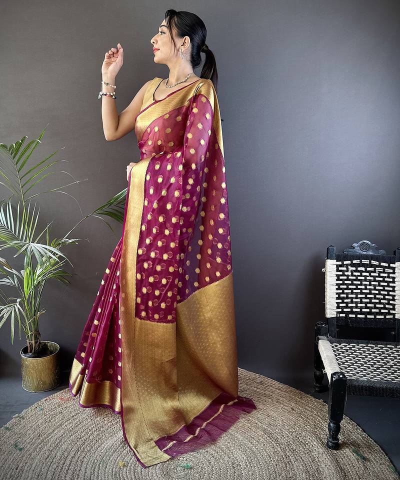 elora magenta organza silk blend polka dot zari weaving banarasi saree