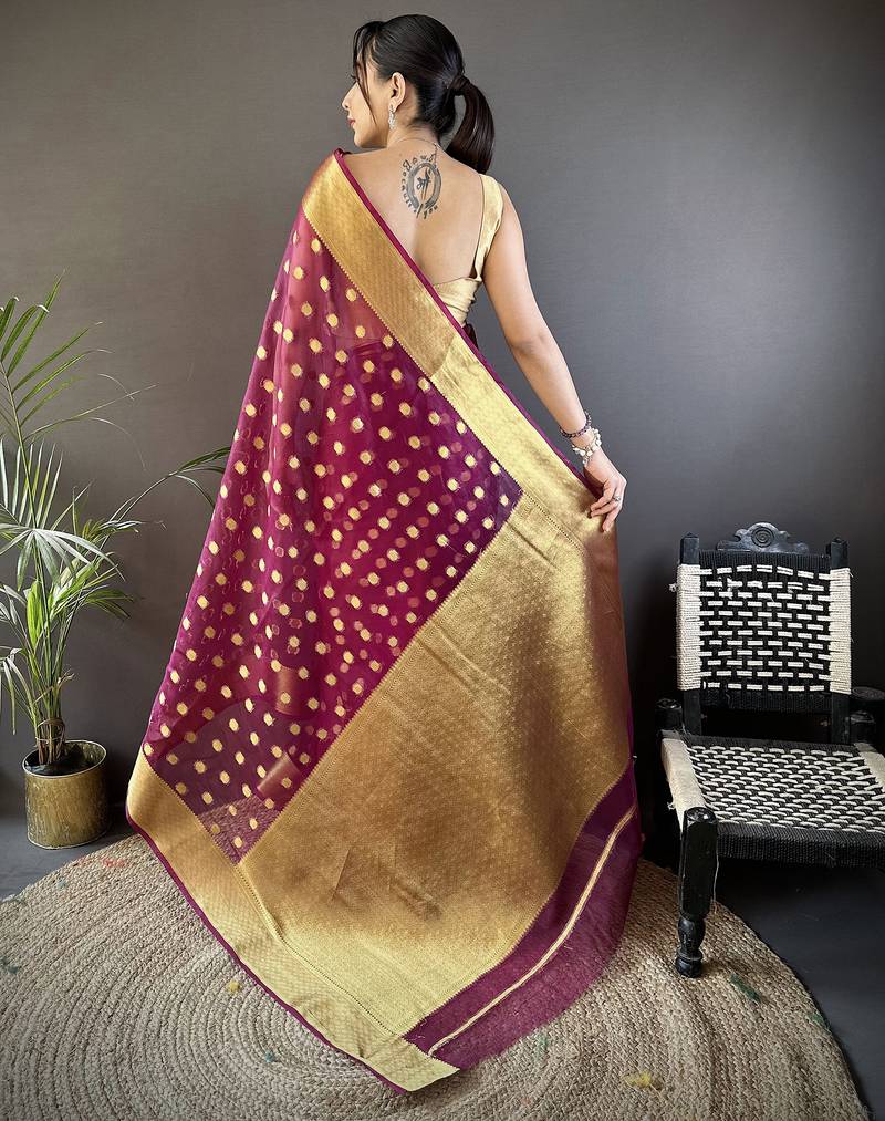 elora magenta organza silk blend polka dot zari weaving banarasi saree