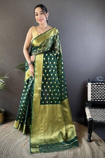 elora green organza silk blend polka dot zari weaving banarasi saree