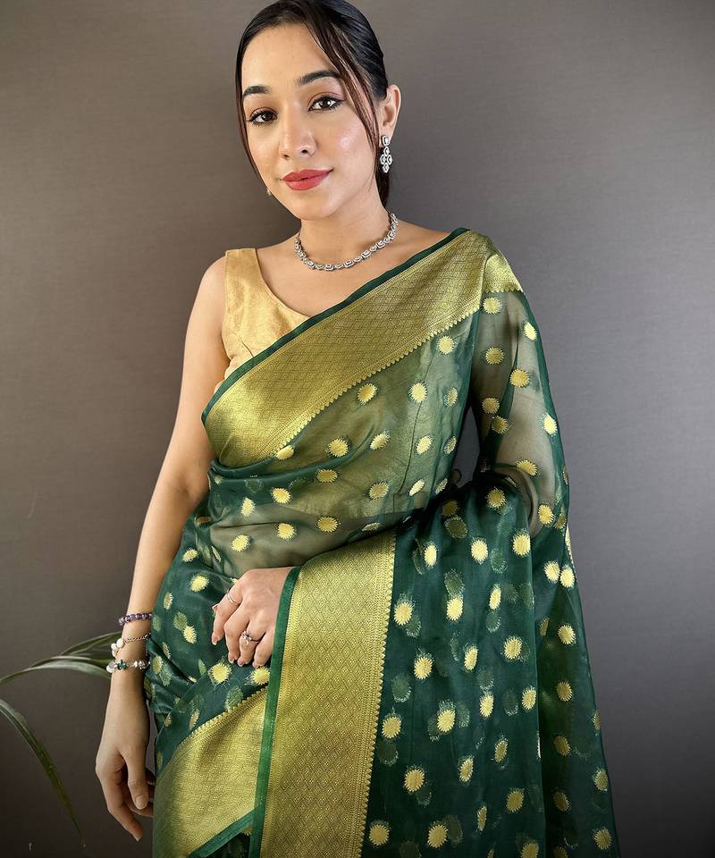 elora green organza silk blend polka dot zari weaving banarasi saree