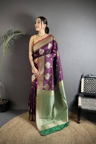 elora purple & green soft silk blend zari woven butti banarasi saree