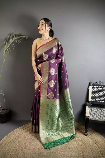 elora purple & green soft silk blend zari woven butti banarasi saree