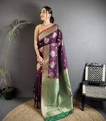 elora purple & green soft silk blend zari woven butti banarasi saree