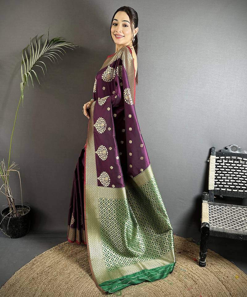 elora purple & green soft silk blend zari woven butti banarasi saree